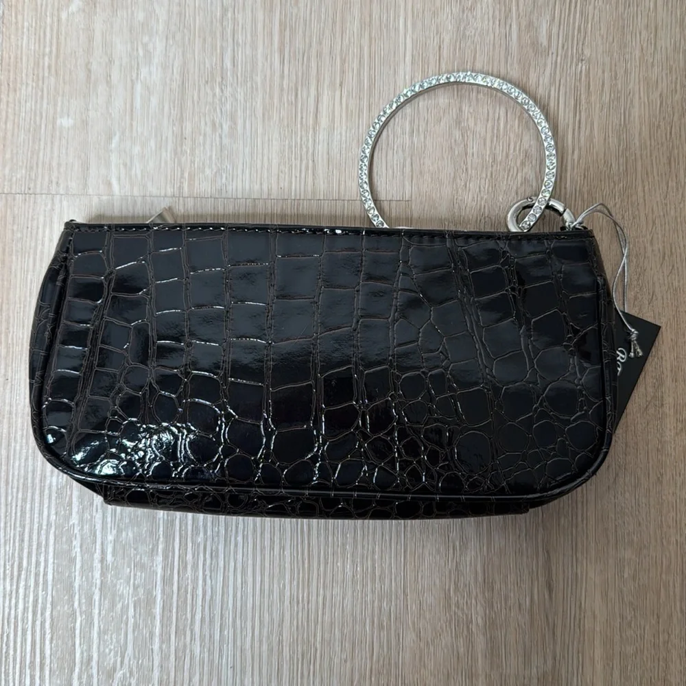 Brown and Gold Croc-Embossed Clutch